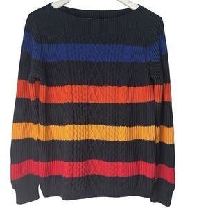 Tommy Hilfiger Striped Sweater Womens Small Boatneck Cotton Navy Blue Colorful